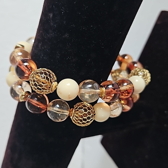 Jewelry - Metal Goldtone Mesh Covered Beaded Stretch 2 Row Bracelet